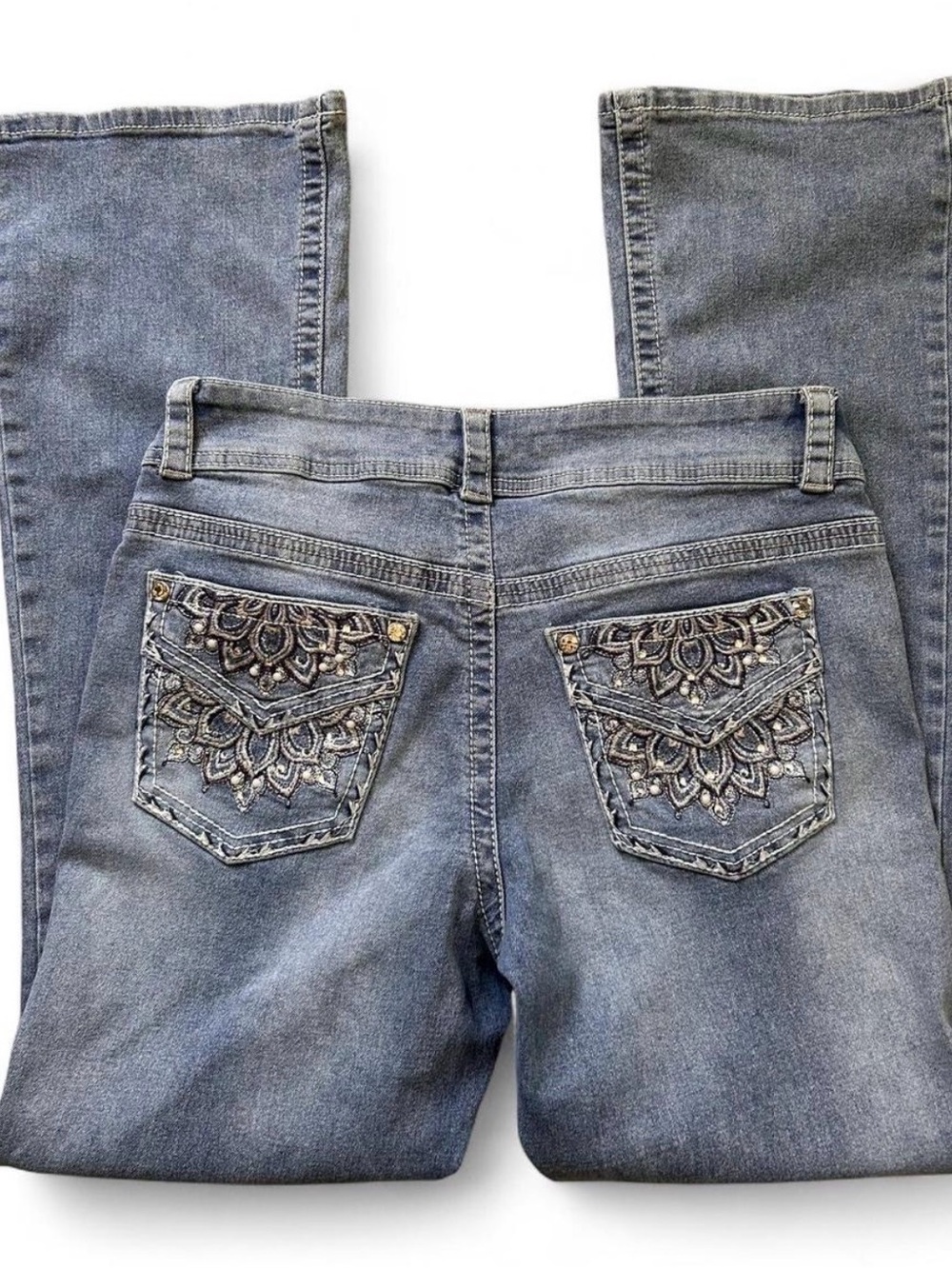 flared y2k blue bedazzled jeans